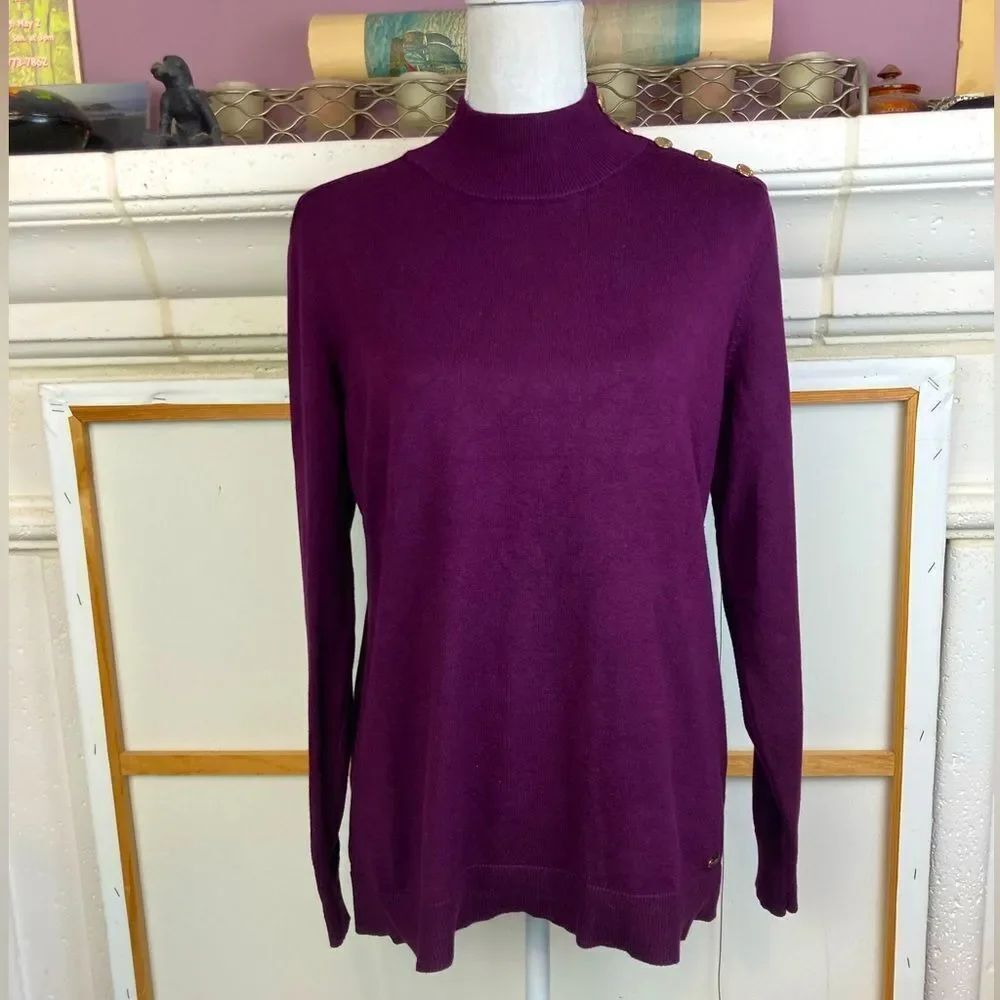 Calvin Klein Deep Purple Knit w/ gold plaque & neck buttons w/ brand name